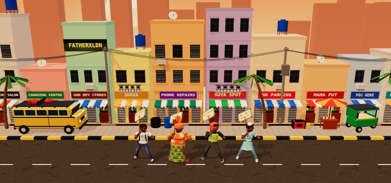 A street in Return Am!: shopfronts, a danfo, a keke and the four fighters, with an example sponsor board on the orange building