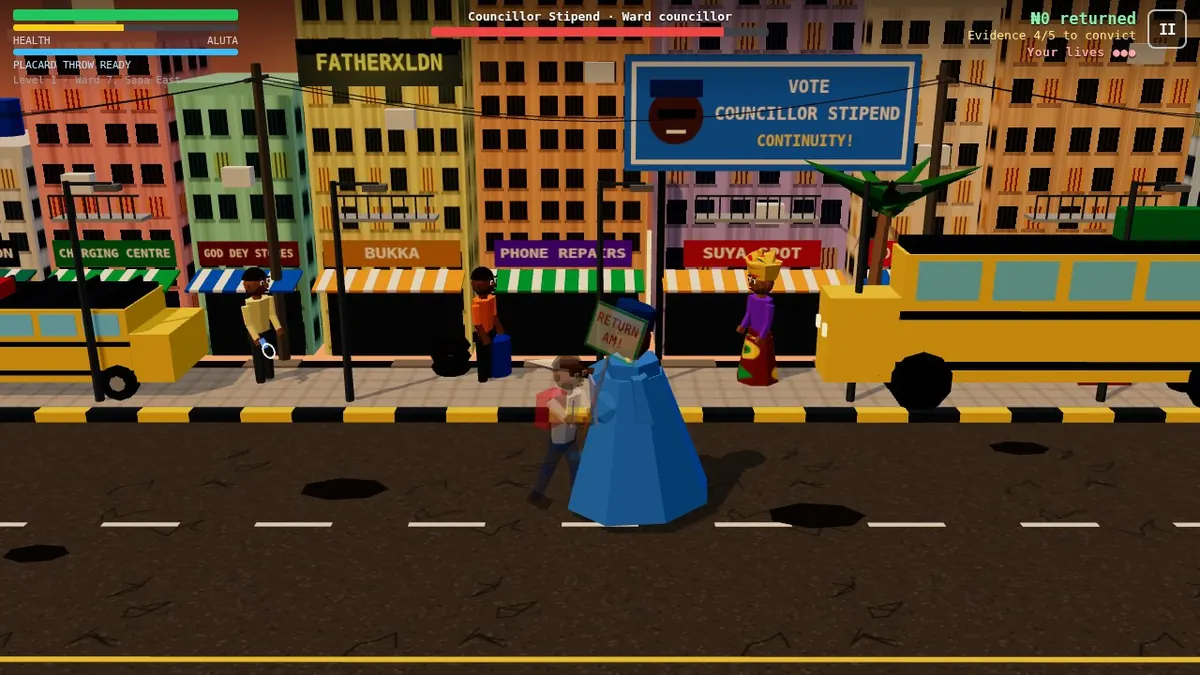 Councillor Stipend in a blue agbada, with his health bar at the top of the screen