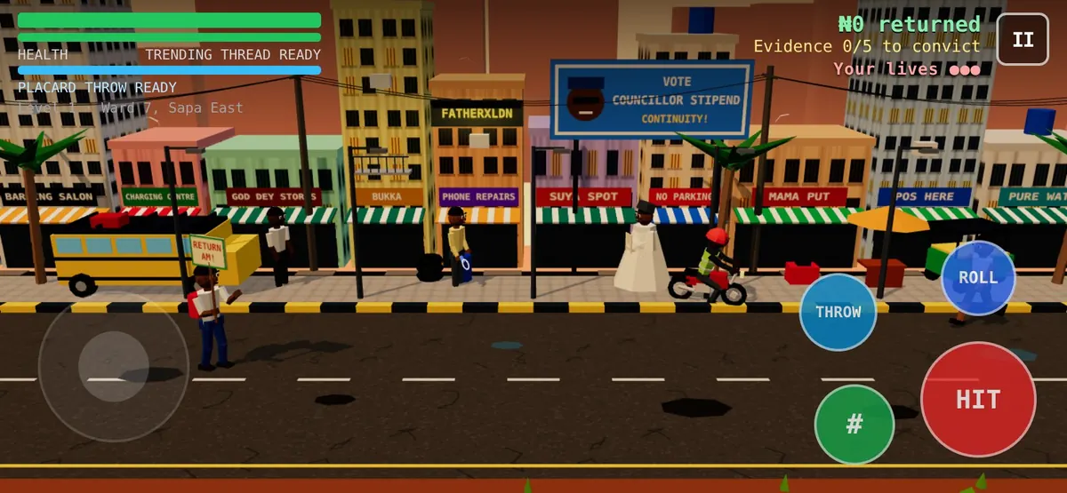 The game on a phone held sideways, with the movement pad on the left and HIT, THROW, ROLL and # buttons on the right